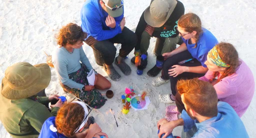 A group of people on sit in a circle on the sand and appear to be looking at something in the center. 